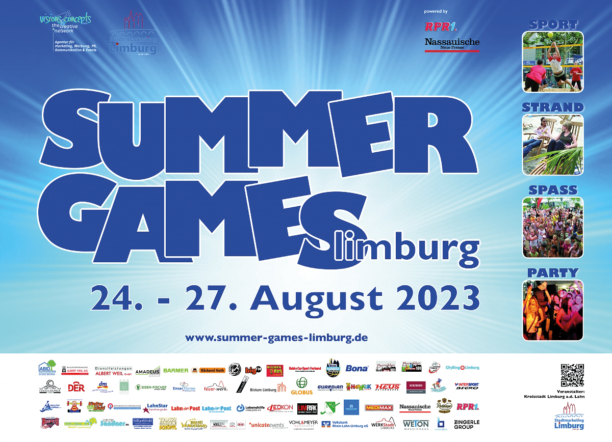Summer Games Limburg Plakat mit Datum 24.8. bis 27.8. und allen Sponsoren